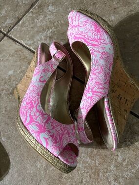 Lilly Pulitzer Krisie wedge sandals in a pink floral print with a cork heel